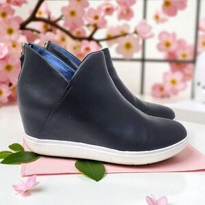 Dr Scholls Madison High Wedge Sneaker Bootie Black Faux Leather Womens Size 9.5